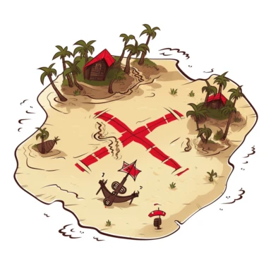 cartoon of a treasure map of an island with dotted lines and a red x, vector free clipart illustration, in the style of unreal engine 5, 32k uhd, detailed features, white background