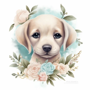 super cute newborn baby labrador clipart with huge cute blue eyes happy smiling mouth painted in watercolor style, splashes, muted pastel blush pink and muted pastel sage green and muted pastel sage blue eucalyptus and peony flowers, white background jasmine becket griffith style 8k hd