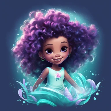 disney little mermaid, baby cartoon, clipart, in the style of afro-caribbean influence, playful character design, hyper-realistic water, dark white and light cyan, sparklecore, whimsical kids book illustrator, soggy colors Pink teal and purple , silky curly long hair,