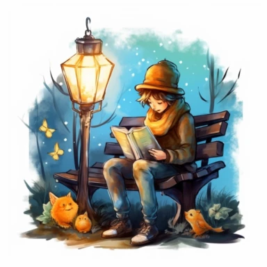 Create One clipart inspired by man sitting on bench reading book: The clipart exudes a cozy ambiance, with a sense of warmth and tranquility. It invites viewers to imagine themselves wandering through this magical nature, discovering its secrets and encountering fantastical creatures.cozzy watercolor style. in 4K. so it can be used in fantasy books. beautifull coloring