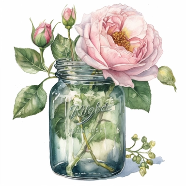 a green glass jar with an English rose,the rose is on the top of the jar on the opening, unimaginable beauty,white with little pink details in the centre of the bloom,An illustration clipart painted by ann buccarelli, watercolour, combo pale colours, insanely detailed, on white background, amazing colour combo, with detailed watercolor bloom, white/ pink/ green, bec winnel, intricately textured, close up, walter Langley, lucy grossmith, heavy impasto technique, detailed shading, atmospheric wate