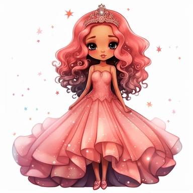 A cute detailed black girl in chibi style, Jasmine Becket - Griffith style, watercolour illustration clipart with real glitter detail, wearing a beautiful pink full length ballgown style dress, the girl has long red hair, the girl has blue eyes, full body image, with feet isolated on a white background,