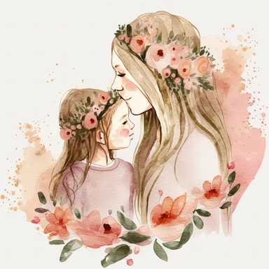 no words straight hair mom and daughter watercolor clipart with flowers and hearts