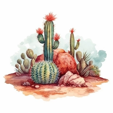 watercolor style, mexican desert with cacti, clipart, isolated on white background, 4K