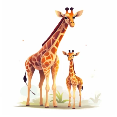 cute giraffe calf, standing tall next to its mother, warm pastel colors, clipart, on a white background