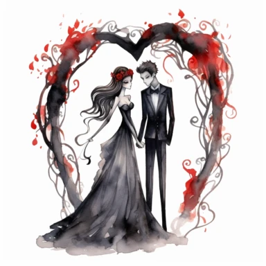 Lovecore. Clipart. A captivating gothic wedding illustration in a watercolor style with a touch of flat design. The artwork features a bride and groom in a whimsical and stylized representation. The composition is set against a clean white background, allowing the bold colors and clear contours to stand out. Emphasize the gothic theme with a color palette consisting of dark shades of black, deep purple, and other complementary neutral tones. The illustrations should have a minimalist aesthetic w