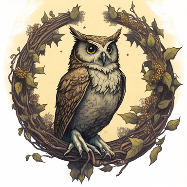 a drawing of an owl sitting in a wreath, by Tony DiTerlizzi, fantasy art, dan mumford and peter mohrbacher, family crest, as an offering to zeus, the star tarot card, game icon asset, where the ash gathered, the centre cannot hold, round-cropped, snining stars, in the gryffindor common room, clipart icon