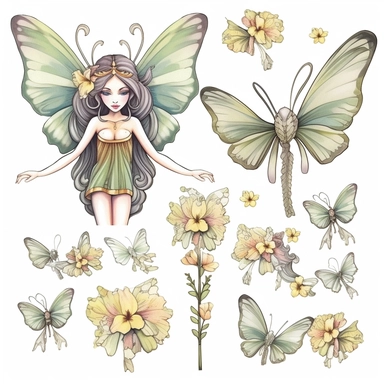 Clipart of spring fairy butterflies and flowers, in the style of watercolour, clean outline, magical, enchanted,