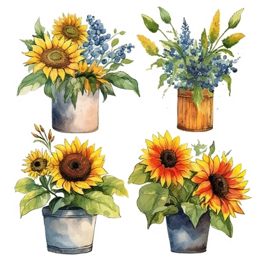 wild grown sunflowers in different types of containers with white background, beautiful and vibrant colors with mythical elements, clipart, high resolution, high definition