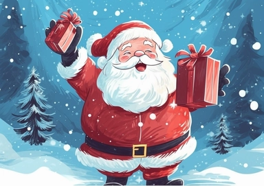 Illustration Santa Claus carries a bag of gifts .Christmas greeting card with cartoon character Santa Claus with hands up. Festive winter clip art isolated natural snowy bokeh background.