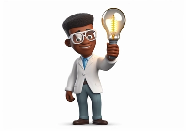 3d rendering. A black leather hand holds a large light bulb full of life. Medical icon. African cartoon character doctor or pharmacist illustration. Pharmaceutical clipart isolated on transparent background