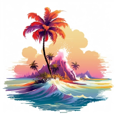 artwork majestic palm tree in digital painting style, beautiful flowers, sunrise mountains and clouds, big sea waves, water splashes, white background, colorful fantasy flower surround, highly detailed clean, vector image, photorealistic masterpiece, professional photography, realistic, flat white background, isometric, vibrant vector, clipart, illustration, realism, 4k, cinematic, front view, white background, tropical, tropical flowers, flora , beach, tropical scene,