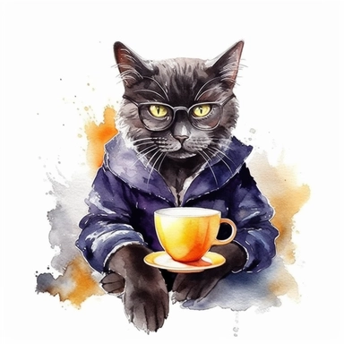 watercolor clipart, 2d,illustration, no shadow, white background,smart black cat with glasses with coffee reading book, looks annoyed, ultra hd