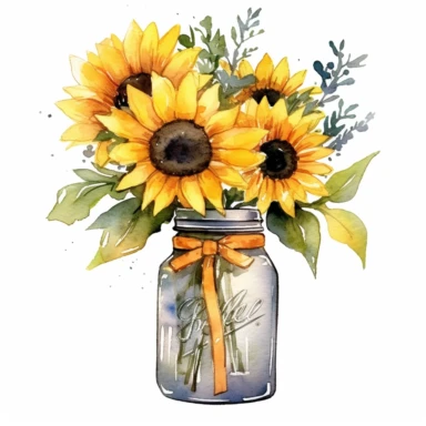 Watercolor yellow sunflowers bouquet in a mason jar bloom clip art on clean white background