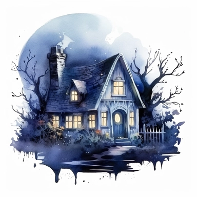 hyperrealistic high detailed witch cottage in moonlight , watercolor clipart, white background