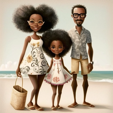 Happy Black Girl and her mom and dad Smiling at the beach ib sag harbor art,black girlsclipart, Funny black girl , Cheerful african american girl child png, clipart, afro ,Full body with legs , Cottage core , preppy , Highly detailed close-up portrait , standing , Nicoletta Ceccoli, Mark Ryden, lostfish, Earl Nor, global lighting, divine rays, detailed and intricate surroundings, sf, intricate artwork masterpiece, ominous, matte painting movie poster, blue ratio, trending on cgsociety, intricate