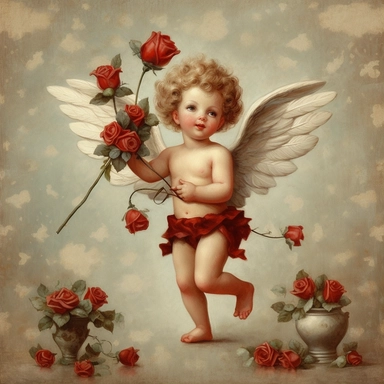 vintage adorable little cupid with red hearts and flowers, full body, clipart style, accurate details, oil painting technique, super high quality, professional clipart, high resolution