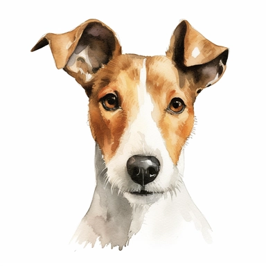 An illustrated portrait of a Fox Terrier, showcasing its alert expression and sleek coat, with a white background and watercolor clipart.