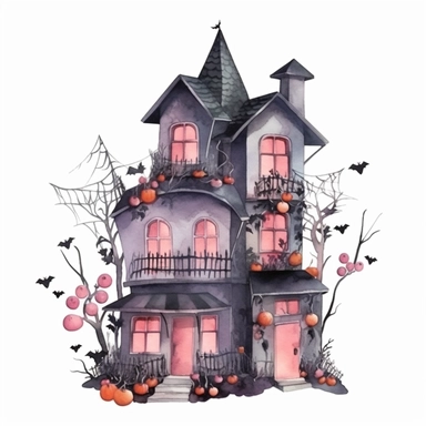 Halloween scary house, dark pink and gray color, watercolor, clipart, illustration, white background