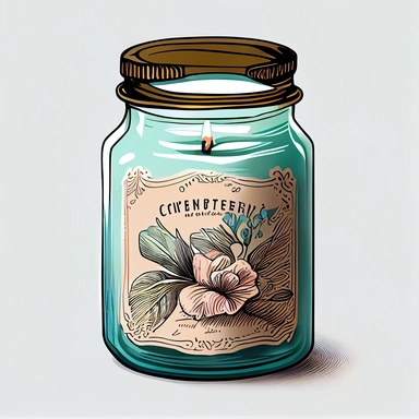 hyper realistic, white background, white margins, 16k, ultra detailed clipart, cut out image, hand-drawn A vintage-style clipart featuring a scented candle jar, exuding a warm glow and emitting a fragrant aroma.Use dark colors such as cyan, brown, and rose for a vintage-inspired palette.