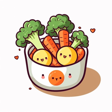 clipart of a vegetable dish with broccoli carrot potato and egg kawaii style white background