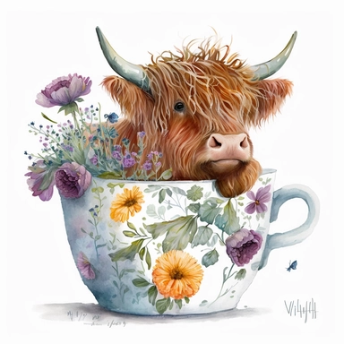 watercolor clipart by nita engle, a cute baby highland cow in a floral cup of tea, white background