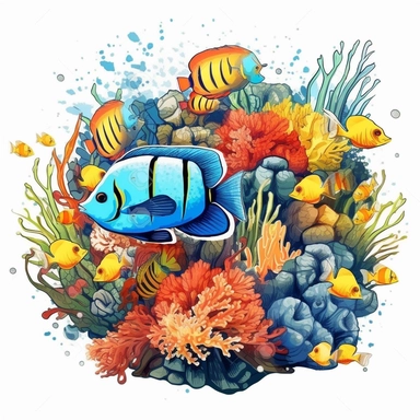 clipart Tropical fish swimming among coral reefs, white background