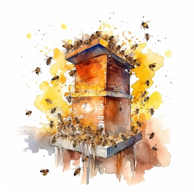 watercolor, A close-up view of a modern Langstroth hive, showcasing its modular design and bees entering or exiting through the hive's entrances. (Digital drawing clipart, image black border color, full body, flat texture, transparent background)