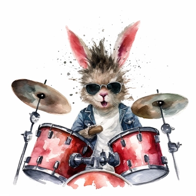 a dynamic watercolor clipart image with a white background, portraying a charismatic rabbit rock star with a punk hairstyle, playing the drums with wild enthusiasm and energy.