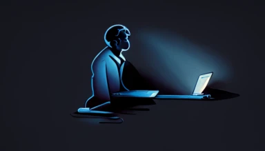 man sitting at mac laptop, side view, trailing light, dark background, clipart, vector
