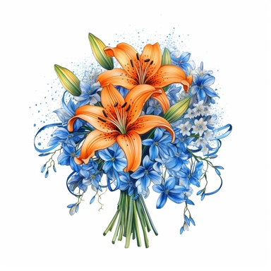 a bouquet of bright orange tiger lilies with blue baby’s breath, color pencil sketch on a white background for clipart