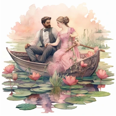 A Victorian couple enjoying a leisurely boat ride on a pink-colored lake, surrounded by intricate floral water lilies. The soft watercolor washes and delicate details enhance the serenity and romance of the moment. Clipart, watercolor, white background, intricate detail.