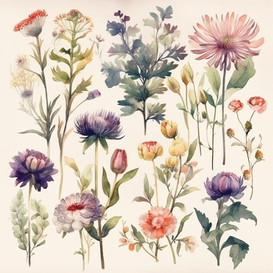 stunning clipart artworks of flowers and plants in a light and minimalistic style, The focus will be on the delicate beauty of each individual flower or plant, which will be separated from the others and isolated on a white background, Use a prominent watercolor style to make it evident that each artwork was painted using the delicate and intricate watercolor technique, Use light colors to bring out the softness of the flowers and plants, while keeping the overall design minimalistic, Each clipa