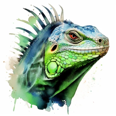 Green iguana face, watercolor, sharp illustration clipart, insane detail, white background