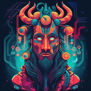 mystical electronic shaman, graphic bold flat colours. clipart