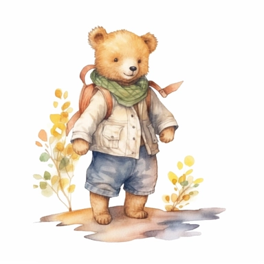 a Cute Happy Bear in clothing in the style of Watercolor Kate Greenaway Clipart, White Background