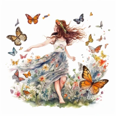 watercolor, hyper realistic, white background, white margins, 16k, ultra detailed clipart, cut out image, hand-drawn, whimsical a lady with a flower crown, twirling in a meadow as butterflies flutter around her in a whimsical dance