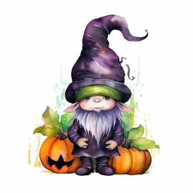 watercolor3 adorable gnome in green, purple, and black halloween outfit and wearing long witch hat black color that cover his eyes holding a orange pumpkin, sublimation clipart style, halloween color theme, thick lines, white background s 50