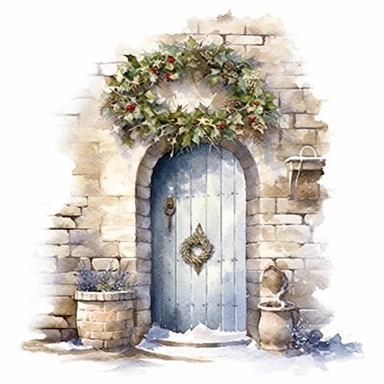 detailed watercolor clipart, photography style, beautiful christmas magic, stone wall, magical Christmas door open to winter wonderland, holly, ivy, HDR, winter snow, self shadow, white background