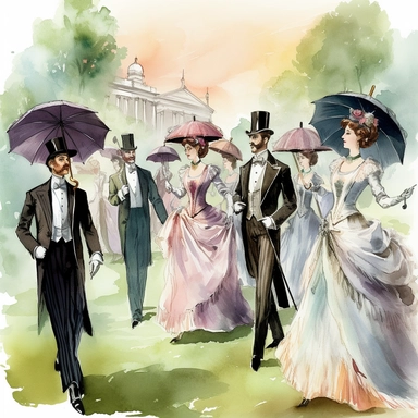 watercolor style, beautiful women in fancy Victorian dresses and holding fancy umbrellas and men in fancy suits, ties, and fabulous top hats, walking around on the lawn talking and listening to the orchestra behind them, clipart, digital art, illustration