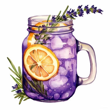watercolor, hyper realistic, white background, white margins, 16k, ultra detailed clipart, cut out image, hand-drawn a glass jar filled with homemade lavender-infused hot lemonade, showcasing a unique and refreshing twist on a classic beverage.