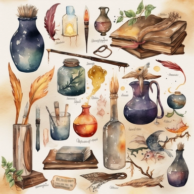 A captivating watercolor clipart collection featuring magical school-themed elements inspired by the world of Harry Potter and other enchanting wizarding tales. This digital watercolor set is free for commercial use and available for instant download. The bundle includes individual, high-resolution PNG elements such as witch and wizard characters, wands, potions, keys, magical creatures, and other whimsical items related to a wizarding school. The hand-painted watercolor style imparts a charming