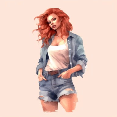 glamour model posing, red curly hair ripped jean shorts, full length, watercolour style, fine details, 8k clipart png transparent