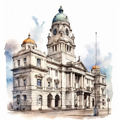 Isolated images, illustrations on a white background, City Hall Dublin in Ireland, Clipart, watercolor, realistic, isolated, full building, highly detailed, hdr, 32K, photo expert quality, watercolor realistic, hyperrealistic and highly detailed, isolated on a white background