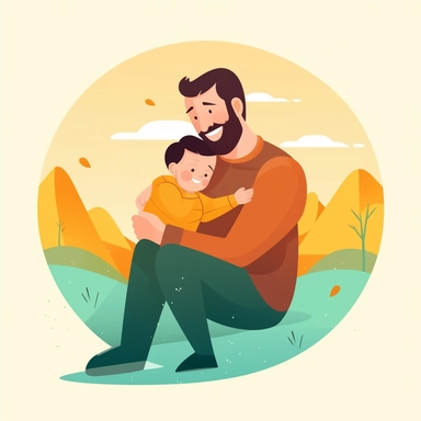 Create a heartfelt Father's Day clipart showcasing a dad hugging his child. The scene should depict a warm, loving moment where they are both smiling, symbolizing their strong bond. The dad can be kneeling or sitting to be at the child's height. Try to incorporate soft, soothing colors to emphasize the loving nature of the scene. Additionally, include a decorative banner at the bottom of the clipart with the phrase 'Dad's Hug, Best Hug'. Please ensure the illustration is clear and high-resolutio