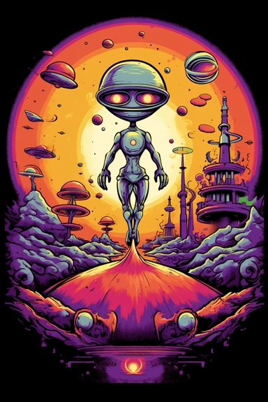 Artwork for t shirt graphic of majestic vibrant color magnificent funny Alien with planets and solarsystem in the Back, starting Rocket from the ground, in a pencil drawing style, A vibrant featuring a sun setting over a futuristic City, with a soft pink sky and a hint of orange in the horizon white background, colorful shades, Centered, highly detailed clean, vector image flat white background, isometric, vector image, clipart, front view, retro style, white background, colorful shades, highly 