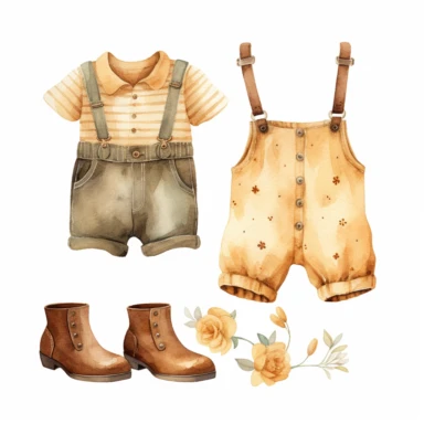 clipart, vintage, watercolor, clothing outfit for baby boy and girl, hand drawn