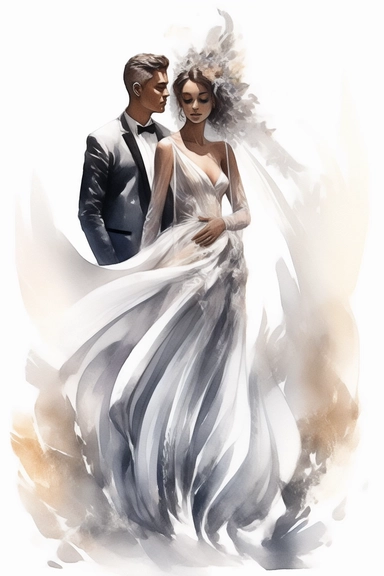 amazing detailed watercolor clipart of a beautiful woman bride and groom, the woman with a beautifully detailed Heavenly draping baroque-inspired haute couture gown on a beautiful young woman stunning seraphim posing a classical fashion setting and a long veil, holding hands with a handsome black groom, no caption, solid white background, cinematic light lighting, hyper-detailed, 8k, high resolution, symmetrical, bodyshot photograph, insanely detailed and intricate, beautiful, elegant, watercolo