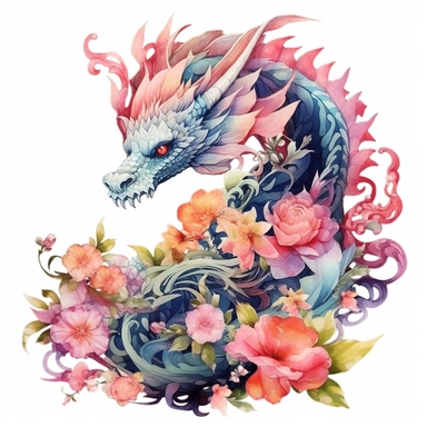A mesmerizing 4K floral watercolor dragon clipart, where the mythical and the botanical converge in a masterpiece of artistry, intricate floral motifs intertwining with the dragon's form, every petal and scale meticulously painted with intricate details and vibrant watercolor pigments, creating a harmonious fusion of fantasy and nature