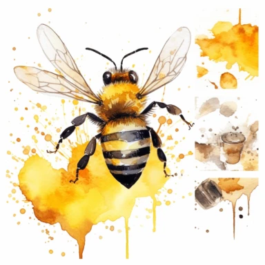 one bee honey on a white background, Watercolor clipart, in the style of texture-rich compositions, pictorial fabrics, white background, anna dittmann, multi-panel compositions , no watermark, text, words, paintbrush, typography, the images do not stick together